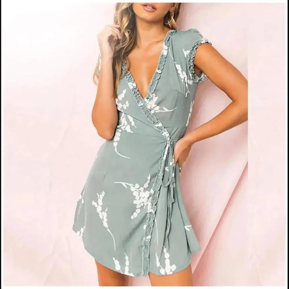 Walnut Green Floral Print Puff Sleeve Chiffon Dress Ladies V-Neck Ruffle Medium - Picture 15 of 15